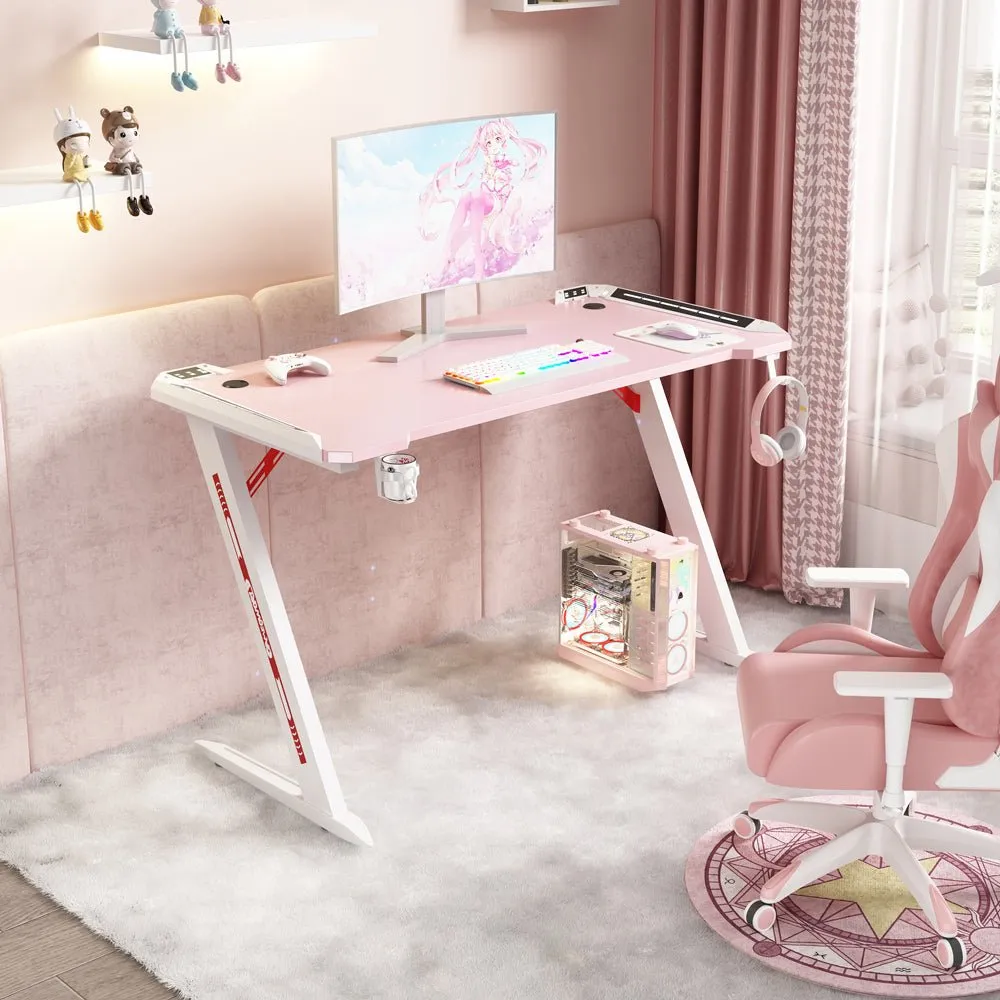 120cm RGB Gaming Desk | Home Office | Carbon Fiber LED Lights | Game Racer Computer PC Table | Z-Shaped | Pink