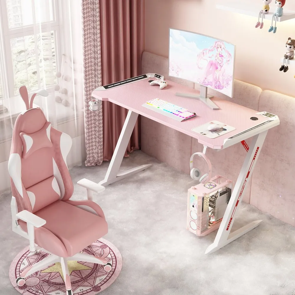 120cm RGB Gaming Desk | Home Office | Carbon Fiber LED Lights | Game Racer Computer PC Table | Z-Shaped | Pink