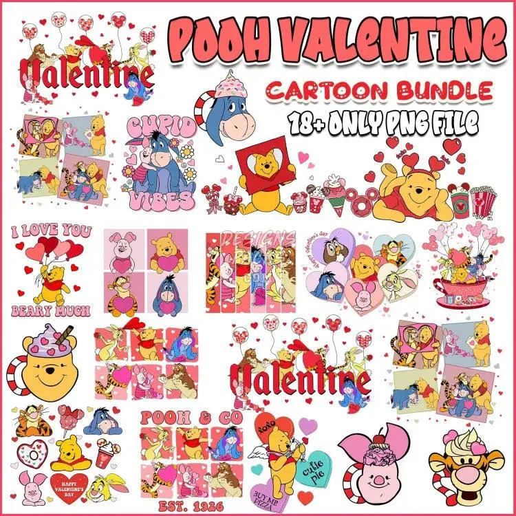 18  Pooh Valentine Day Designs Bundle PNG