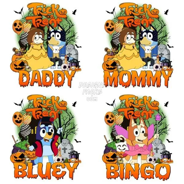 4 Family Dog Halloween Cartoon Designs Bundle PNG
