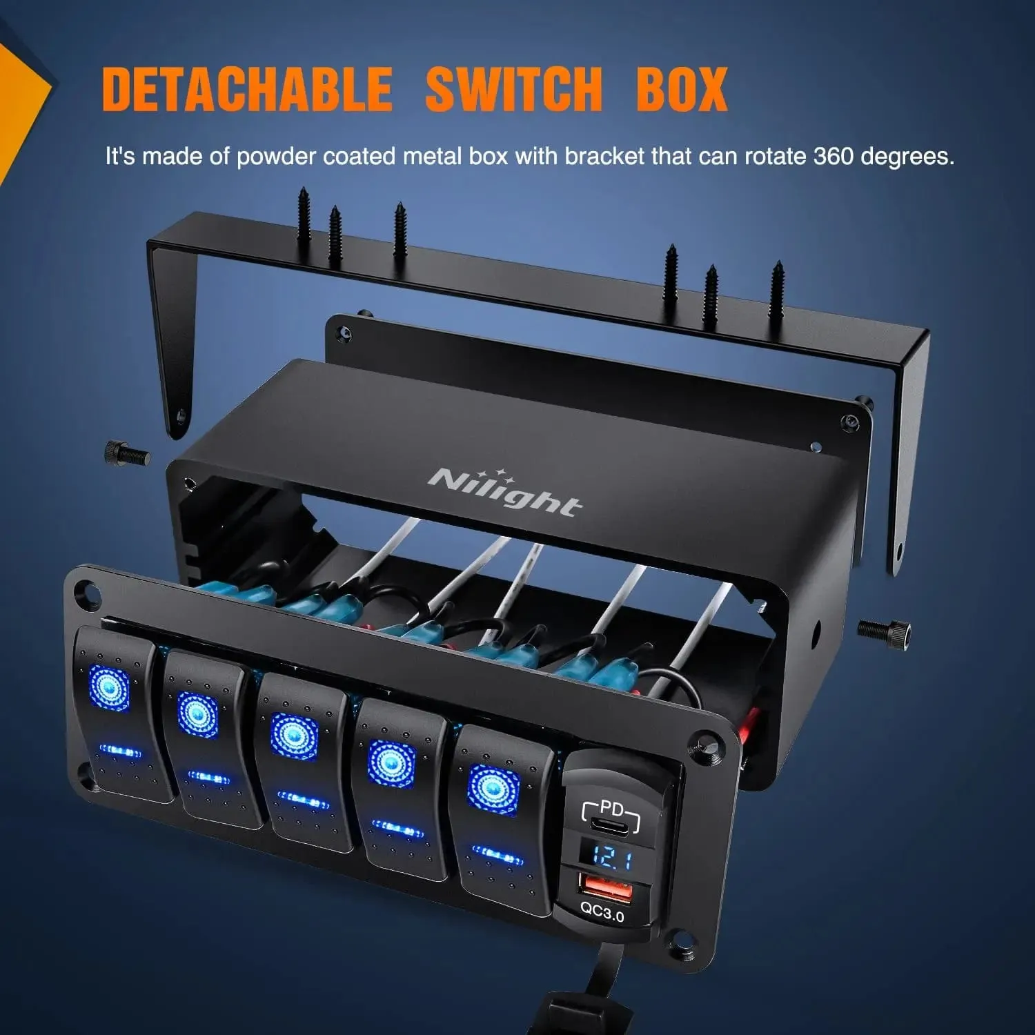 5Gang Rocker Switch Box w/ PD Type C | QC 3.0 USB Charger Voltmeter