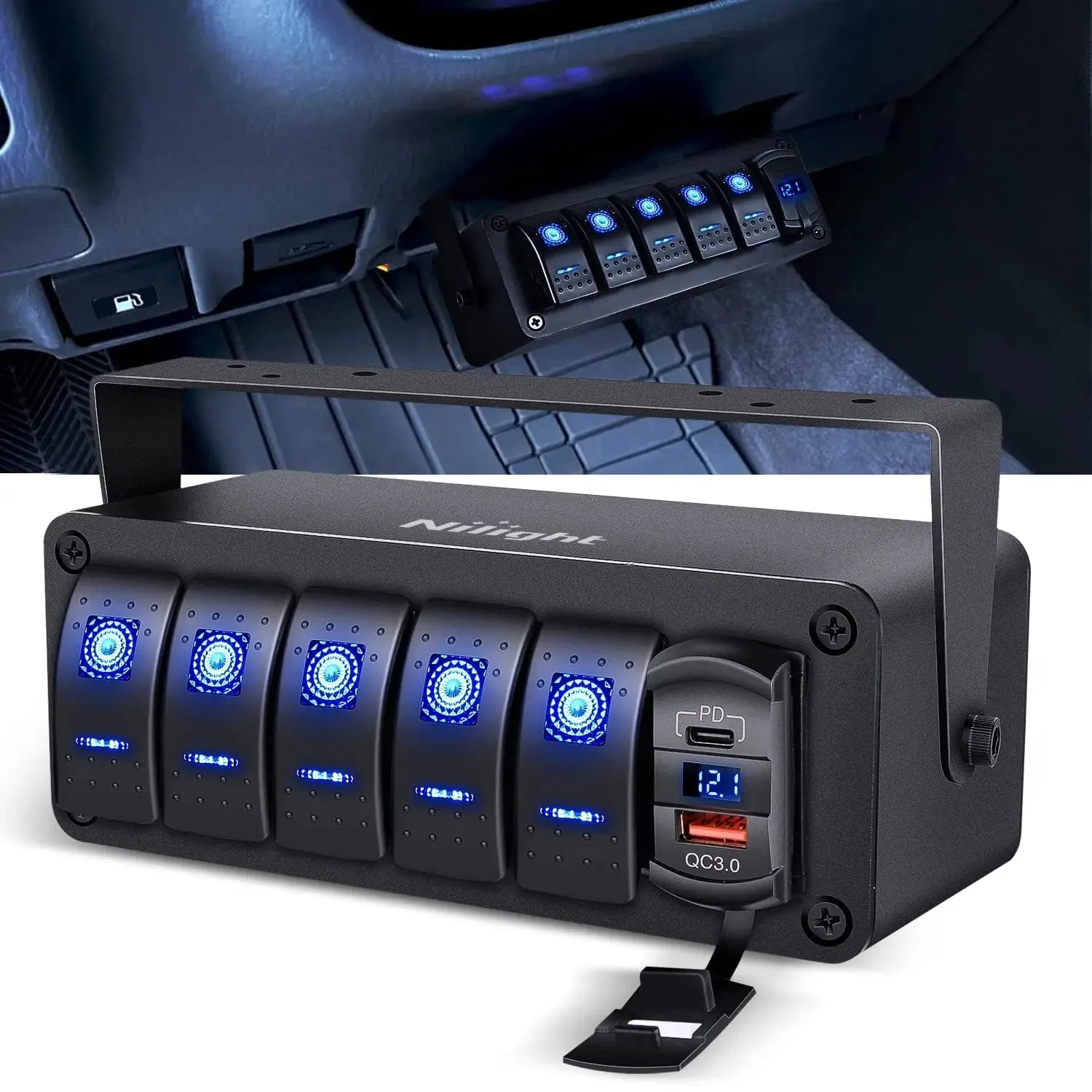 5Gang Rocker Switch Box w/ PD Type C | QC 3.0 USB Charger Voltmeter