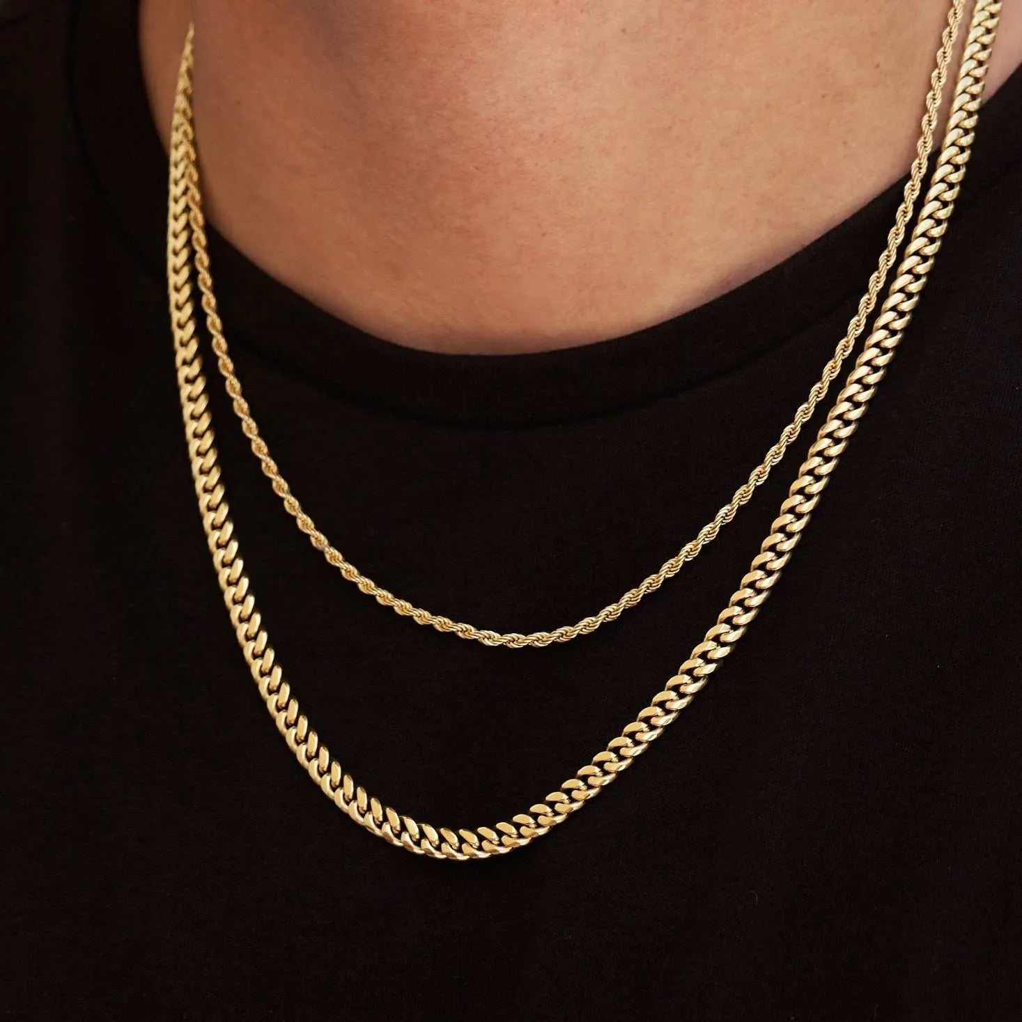 5mm Miami Cuban Necklace   2mm Rope Chain Bundle