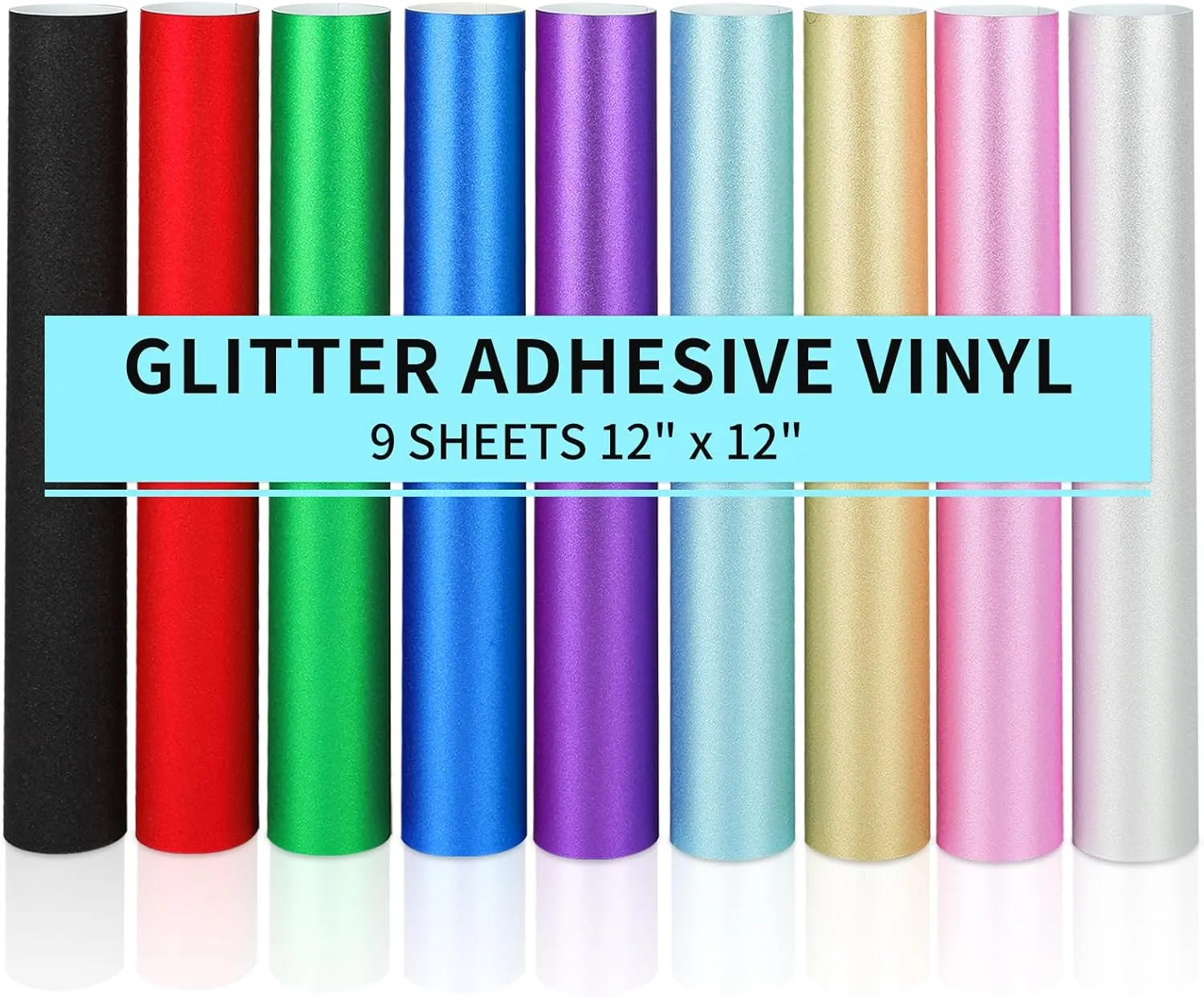 9 Pack, Shimmer Permanent Vinyl, 12"x12" Glitter Adhesive Vinyl Sheets