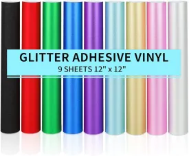 9 Pack, Shimmer Permanent Vinyl, 12"x12" Glitter Adhesive Vinyl Sheets