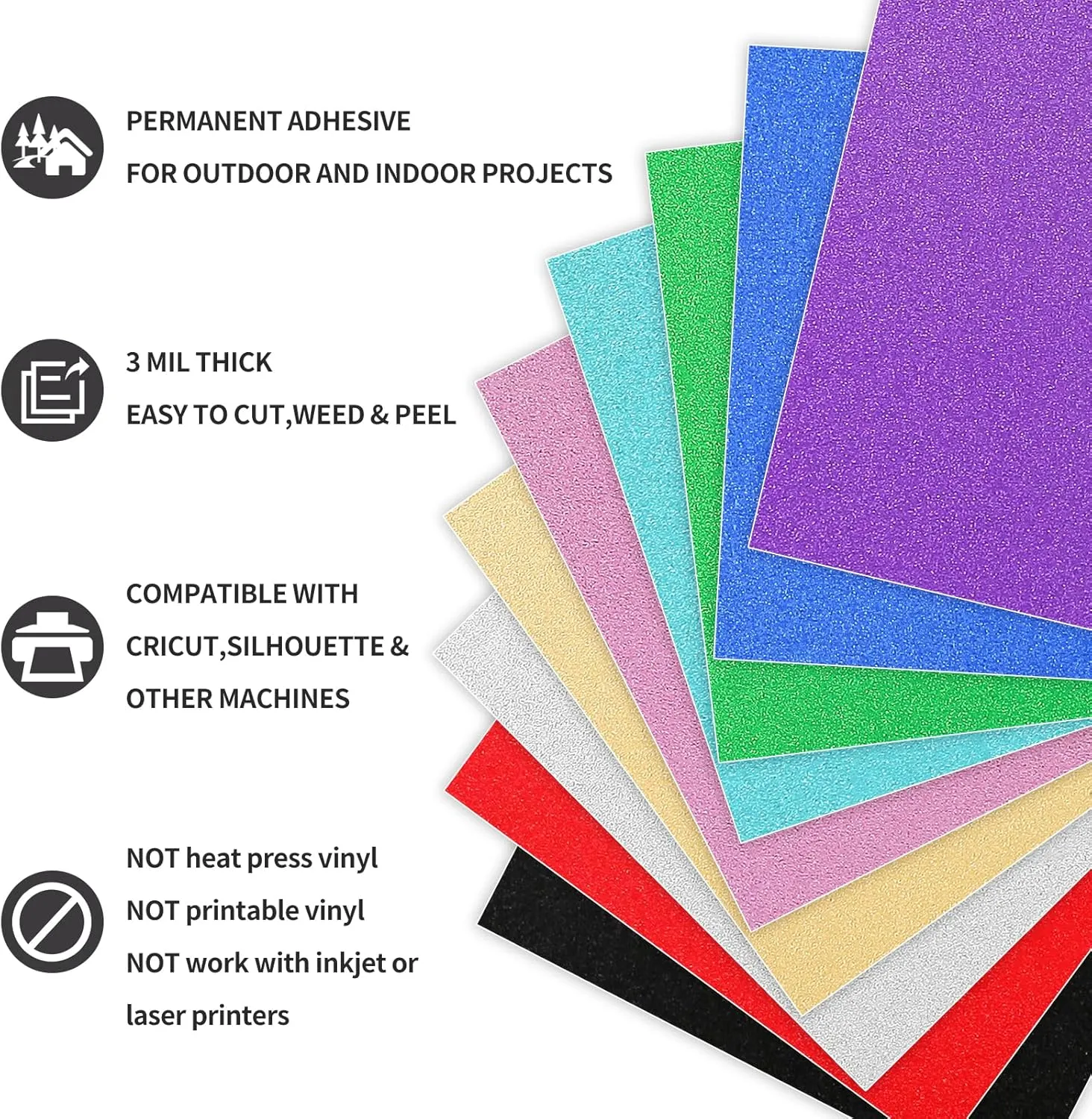 9 Pack, Shimmer Permanent Vinyl, 12"x12" Glitter Adhesive Vinyl Sheets