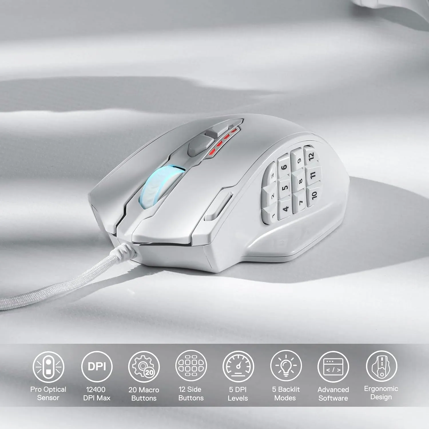 BOLT AXTION RGB MMO Gaming Mouse - 12 Side Buttons, 12,400DPI, 20 Macro Shortcuts, Ergonomic