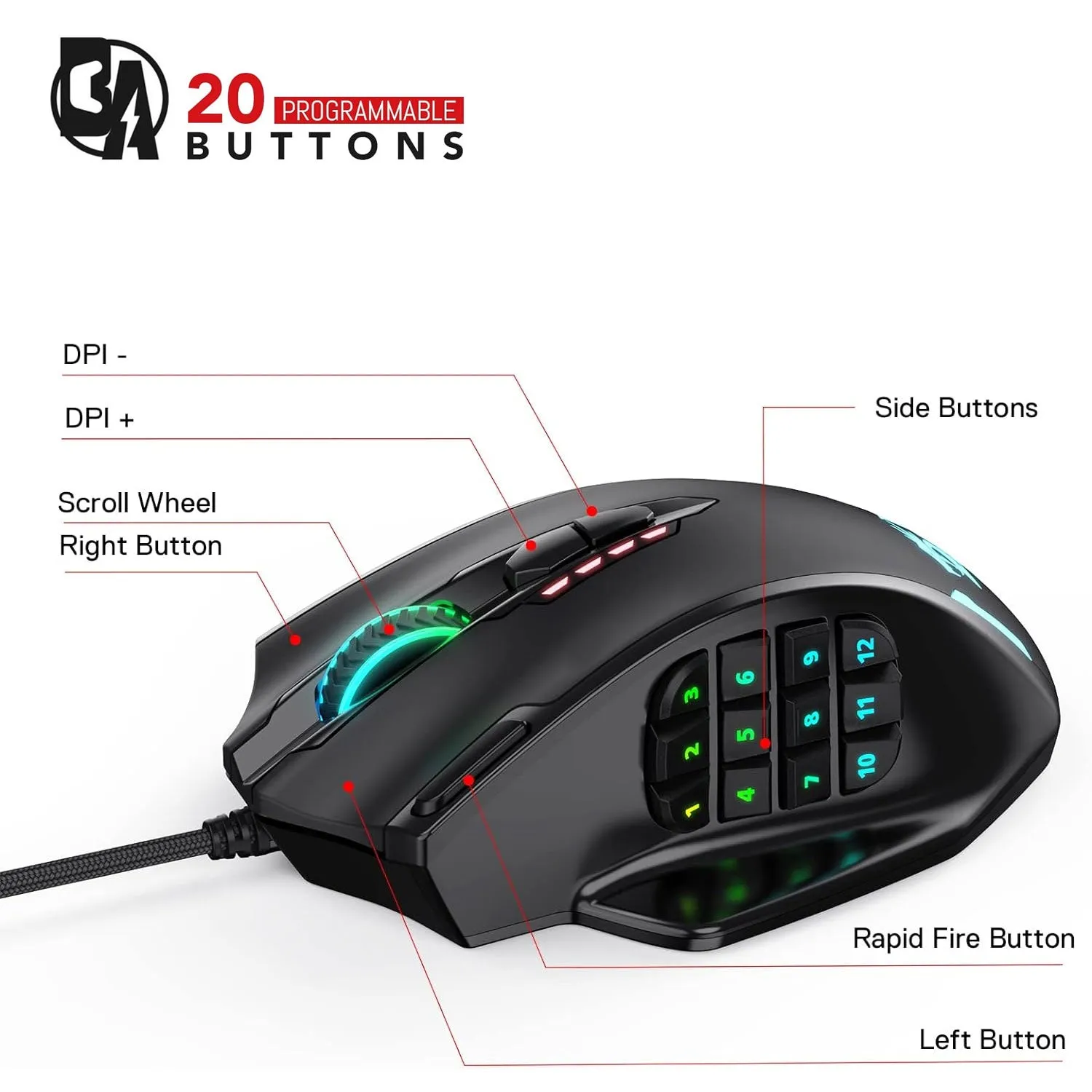 BOLT AXTION RGB MMO Gaming Mouse - 12 Side Buttons, 12,400DPI, 20 Macro Shortcuts, Ergonomic