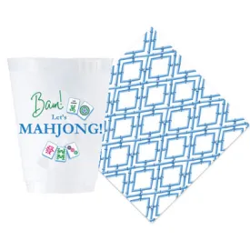 Bundle: Mahjong Shatterproof Cups and Blue Bamboo Trellis Cocktail Napkins