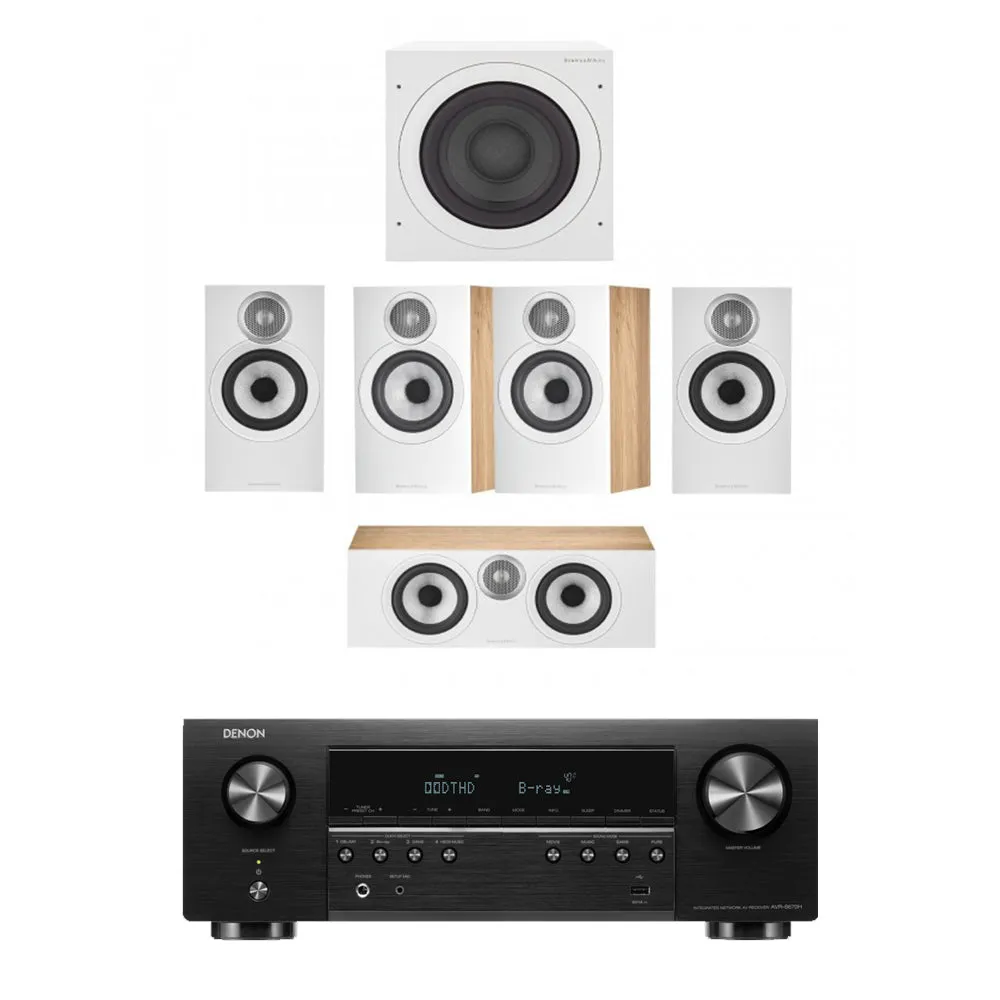 Denon AVRS670H 5.2 Ch 8K AV Receiver with Bowers and Wilkins 607 S3 5.1 Surround Sound Speaker Package Oak