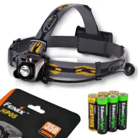Fenix HP05 350 Lumen CREE XP-G R5 LED Headlamp (Iron Grey) with six AA Alkaline batteries including three EdisonBright AA batteries