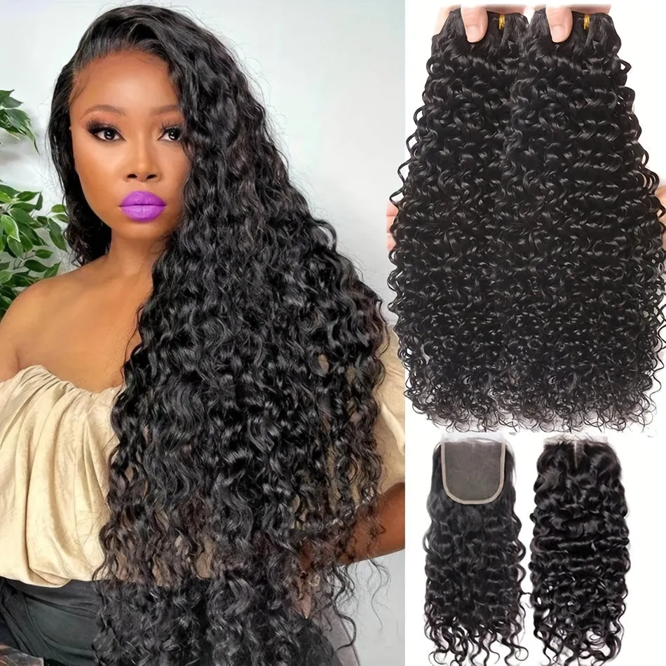 Human Hair Bundles Brazilian Water Wave Bundles Wet and Wavy Hair Weave Weft Remy Hair with Closure