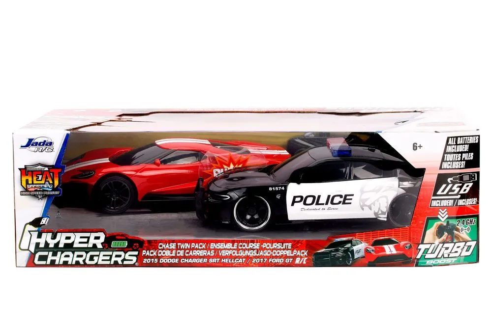 Jada Hyper Chargers Remote Control 2015 Dodge Charger Srt Hellcat/2017 Ford GT Chase Twin Pack