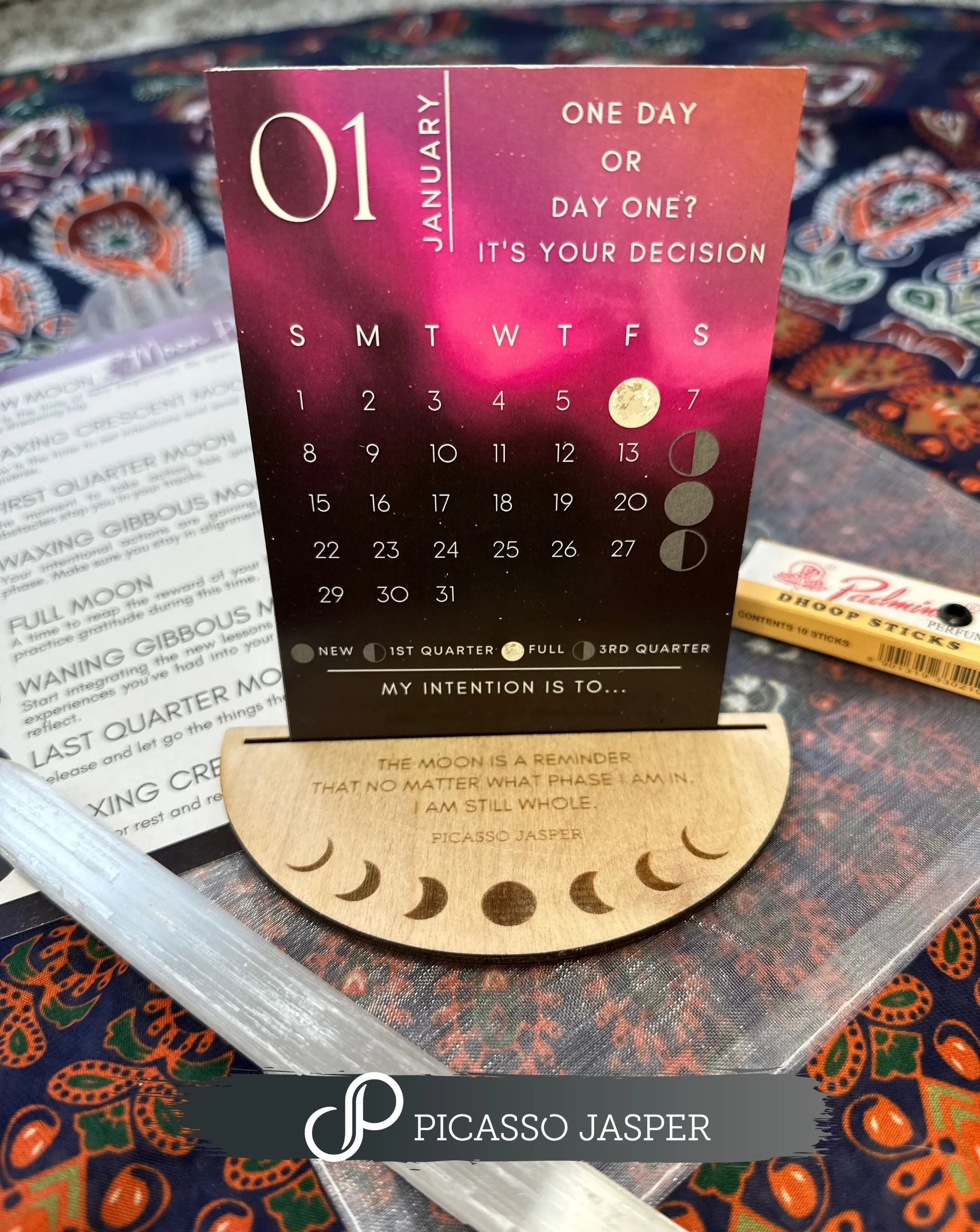 Moon Calendar Bundle! Calendar   Holder, Selenite Wand & Cleansing Dhoop Sticks