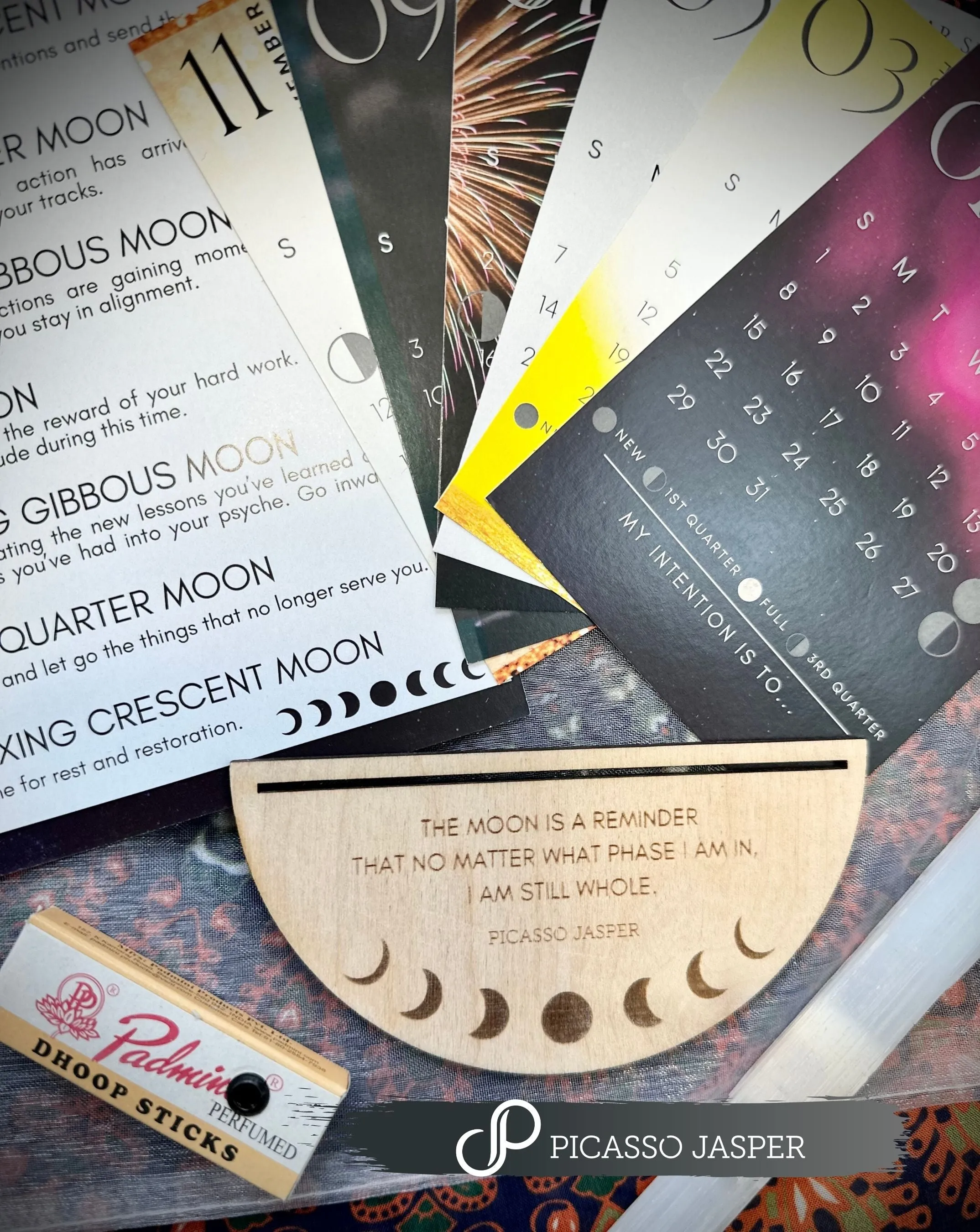 Moon Calendar Bundle! Calendar   Holder, Selenite Wand & Cleansing Dhoop Sticks