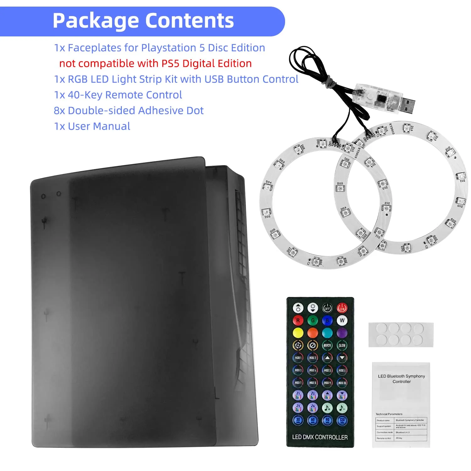 Mytrix 2-in-1 Translucent Black Faceplates for PS5 Disc Edition   RGB LED Light Strips Kit for PlayStation 5, LED Strip with Music Sync