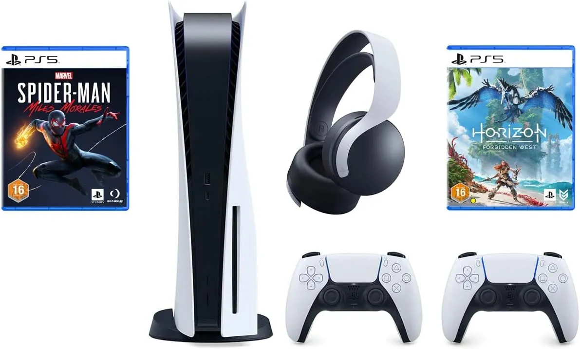 Playstation 5 Disc Console (UAE Version) with PS5 Horizon Forbidden West, Spiderman Miles Morales and Extra Pulse 3D Wireless Headset and Extra Dualsense Controller Bundle