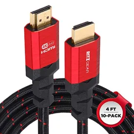 RitzGear 4K HDMI Cables | 10-Pack of 4 Ft. High-Speed 18Gbps HDMI 2.0 Connectors | Durable Braided Nylon, Gold Plating, 4K @ 60Hz Ultra HD, 3D, 2160p, 1080p & Ethernet Support for TV, Laptop & Gaming